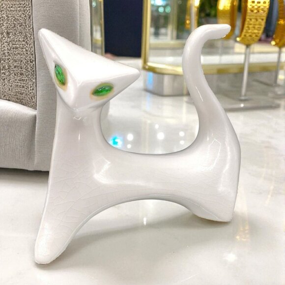 Mid Century Modern Cubist Cat Figurine White Green Eyes Japan 1950s Modernist - Picture 1 of 10